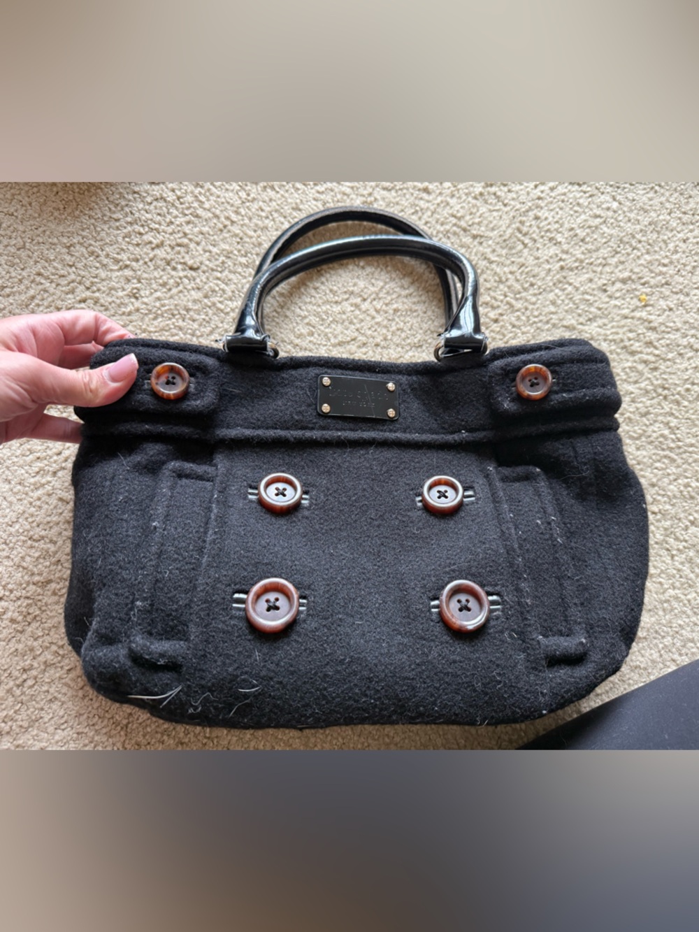 kate spade Black Wool Satchel with Button Details